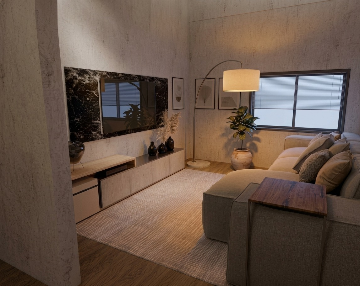 Sala contemporánea cálida — proyecto de Mueblería Baja en Tijuana