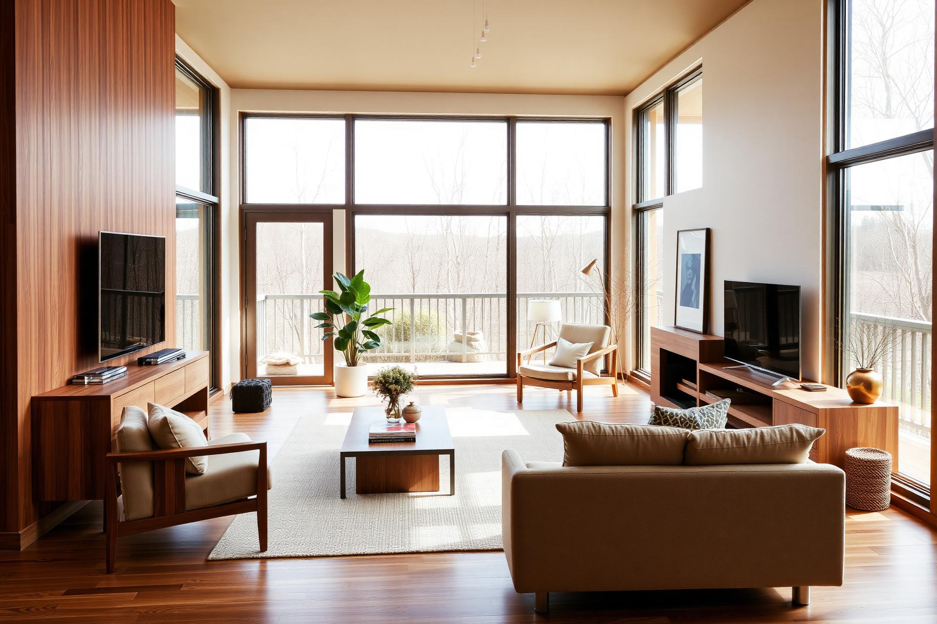 Sala decorada con muebles de madera